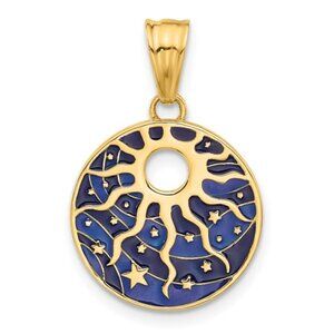 14k Yellow Gold Blue Enamel Sun and Stars Necklace Charm Pendant with Cut-out